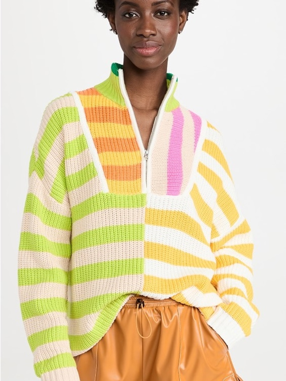 STAUD Hampton Striped Half-Zip Knit Sweater in Lime, Yellow & Pink